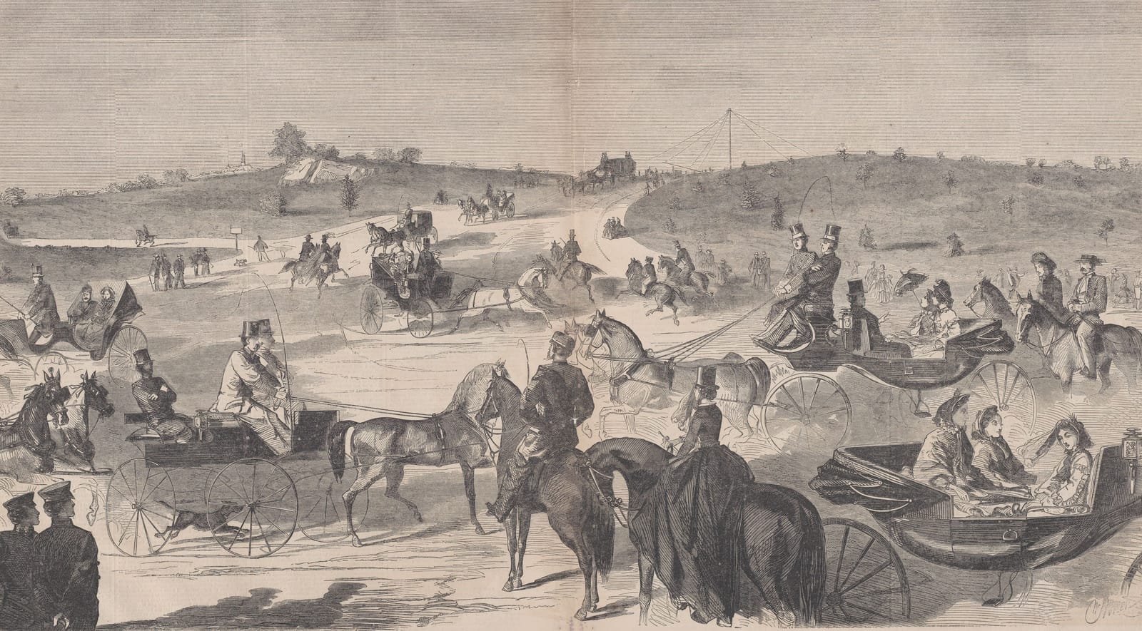 Carriages and riders on a newly made drive in Central Park in 1860, with bare, freshly graded hills and young trees behind them