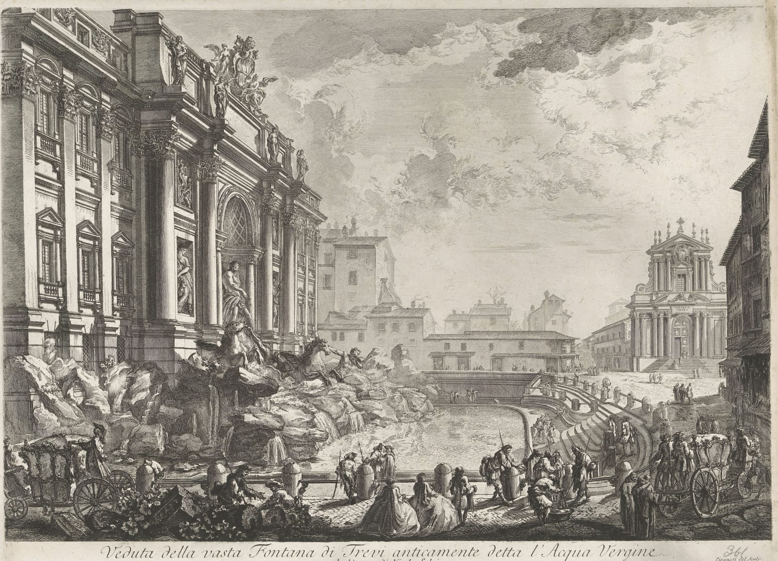 Piranesi's etching of the Trevi Fountain, with water tumbling over carved rocks into the basin