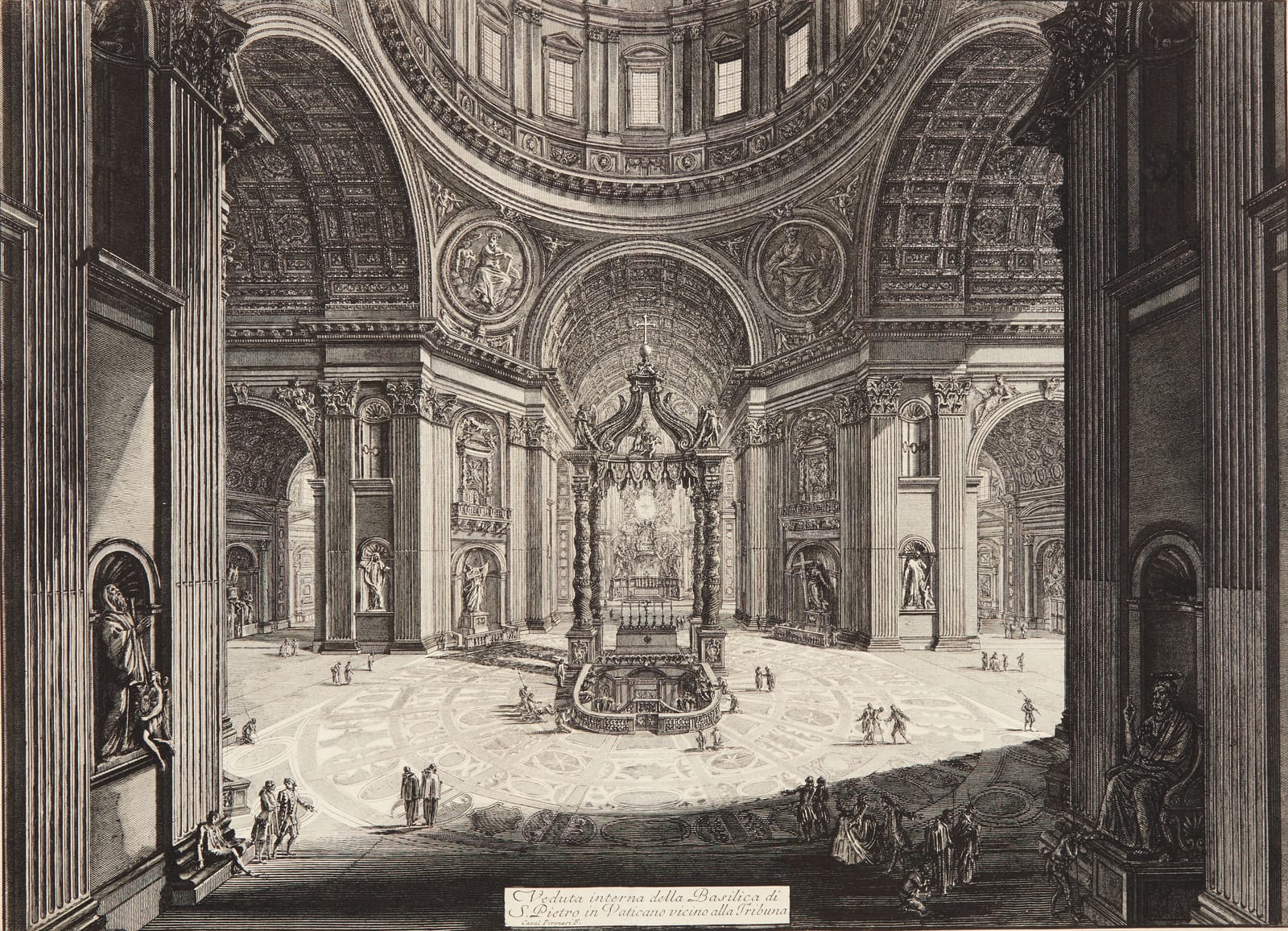 Bernini's bronze canopy over the high altar of St Peter's, with the curved rail of the sunken confessio in front of it and visitors standing at it