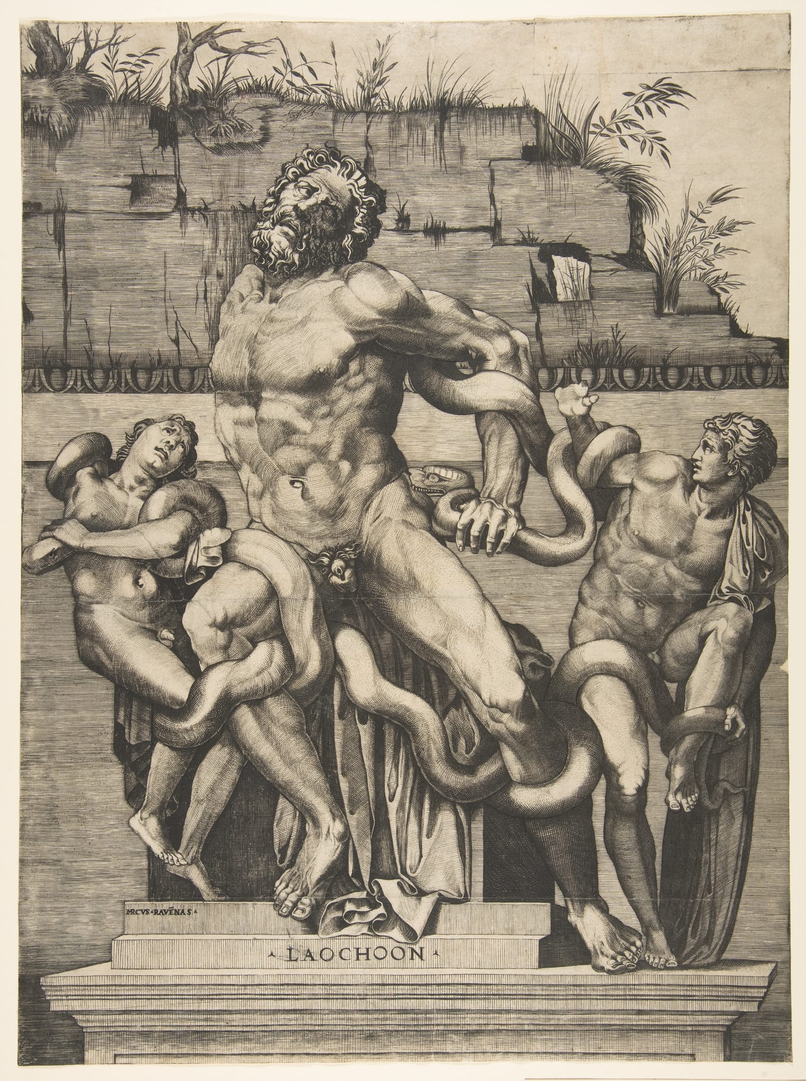 The Laocoön as it looked soon after it was found, the father's right arm missing, set against a ruined wall