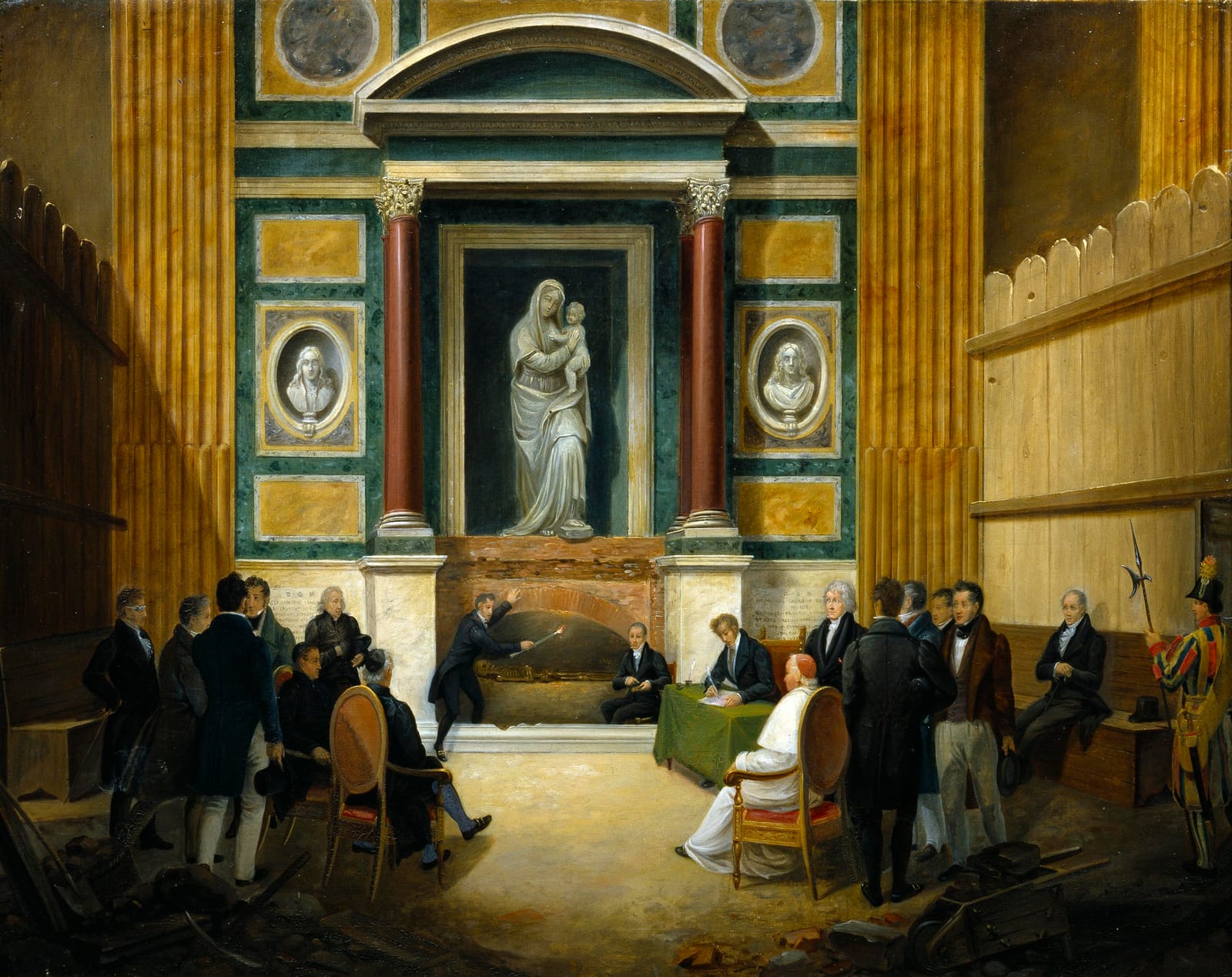 Witnesses gather at Raphael's opened tomb in the Pantheon, beneath the marble Madonna, in 1833