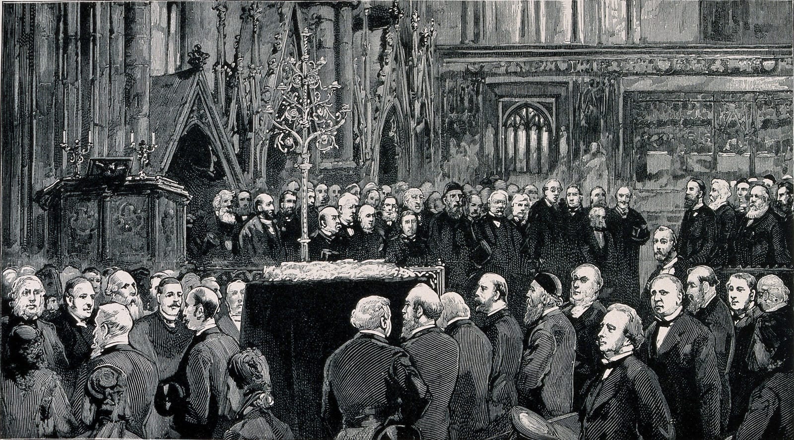 Mourners crowd round Charles Darwin's coffin in Westminster Abbey
