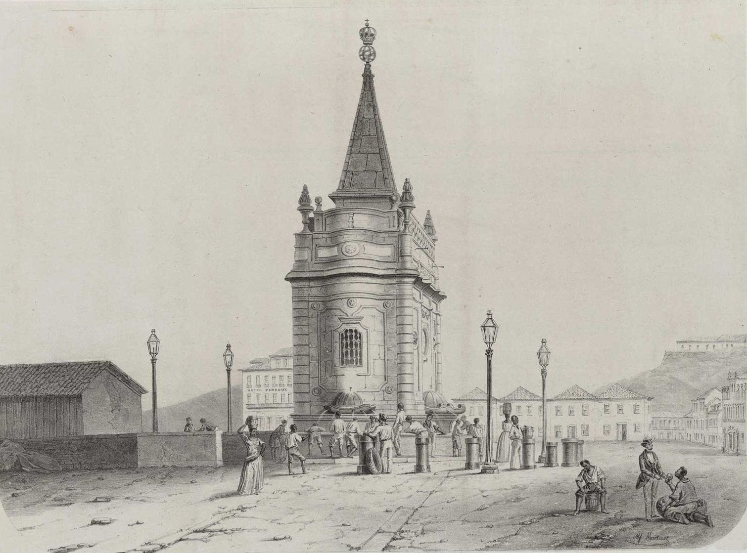 The granite fountain on Rio's palace square, with people filling jars at its basins beside the quay wall