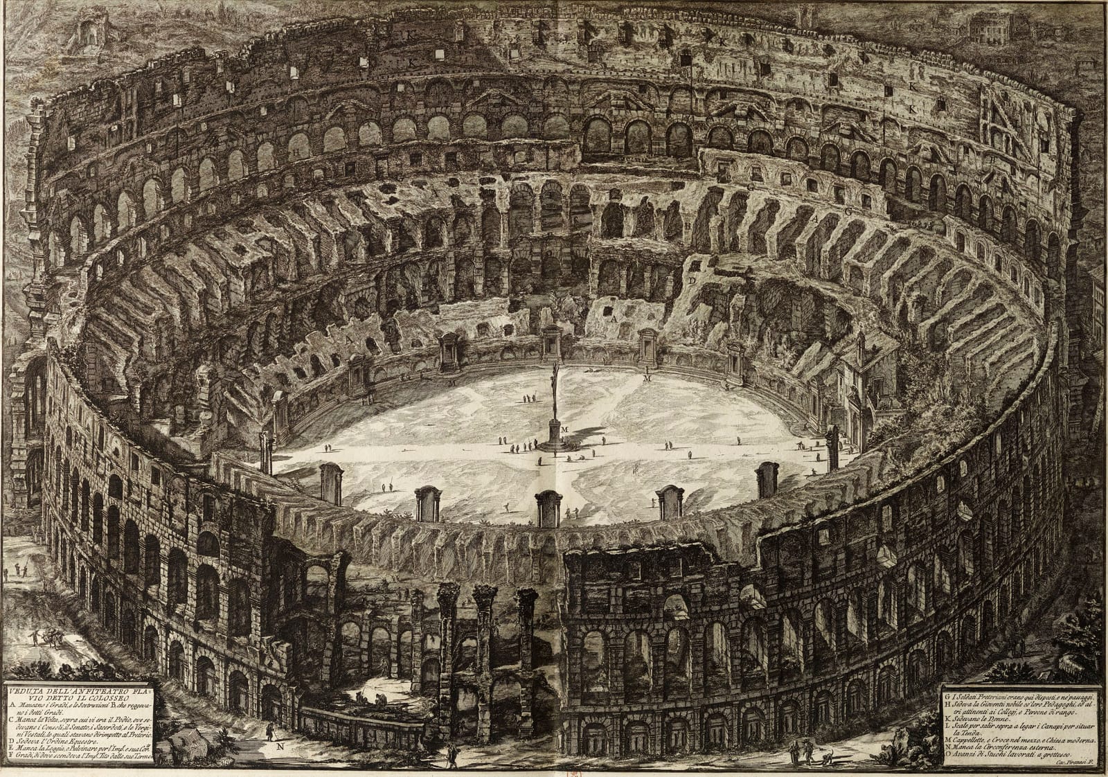 The Colosseum seen from above in an 18th-century etching, its outer wall broken away on one side