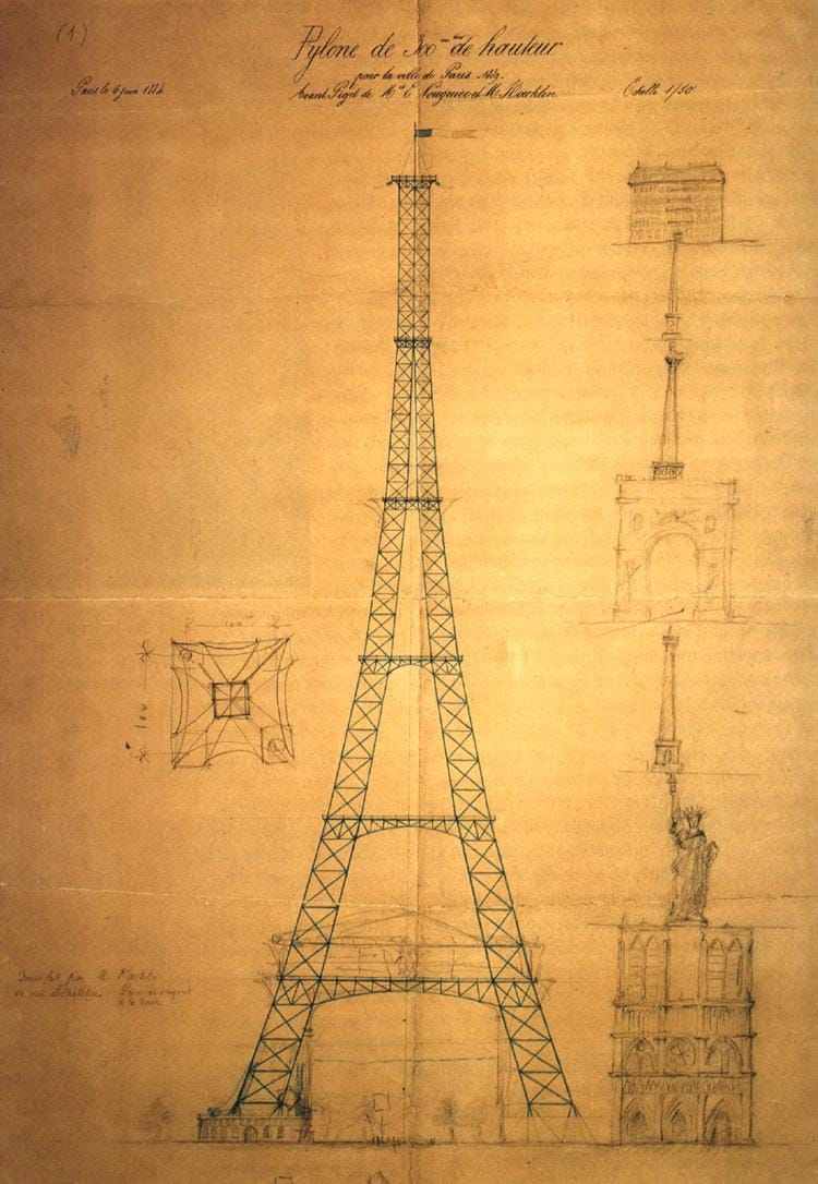 Koechlin's sketch of a 300-metre iron pylon, with Notre-Dame, the Statue of Liberty, the Arc de Triomphe and a town house stacked beside it