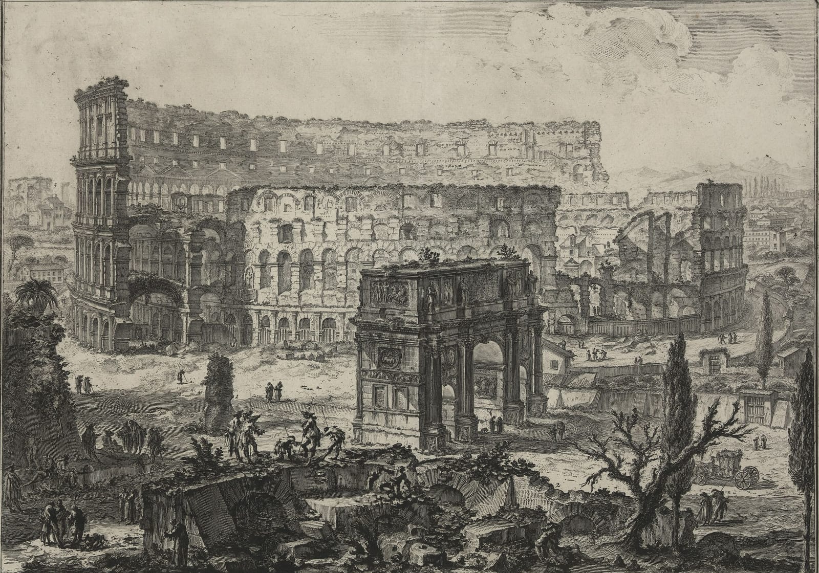 Piranesi's 1746 etching of the Colosseum beside the Arch of Constantine, its outer wall broken off