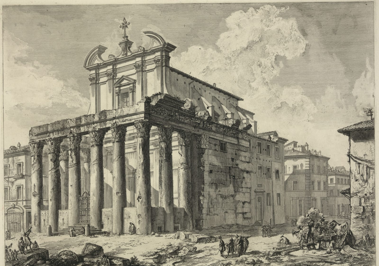 The Temple of Antoninus and Faustina with its church front, standing in a dusty field with its columns sunk to their bases and its door at ground level