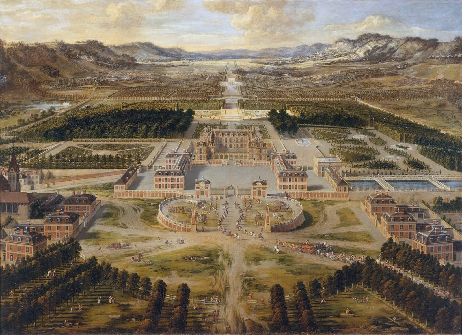 Versailles in about 1668: the small brick and stone château at the centre, with forecourts, gardens and royal carriages arriving